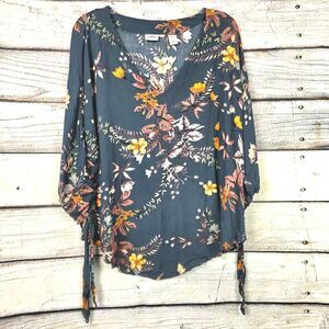 Daytrip Womens Floral Tie Sleeve Blouse Blue Large